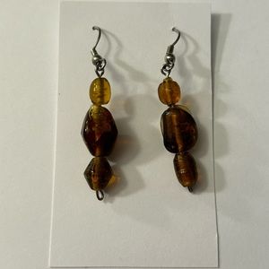 Handmade Handcrafted Beaded Dangle Earrings - silver & brown